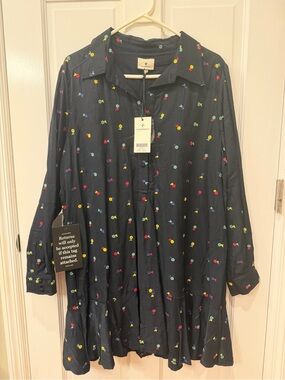 Tuckernuck Women’s NavyShirt Dress with Multi-Color Floral Embroidery